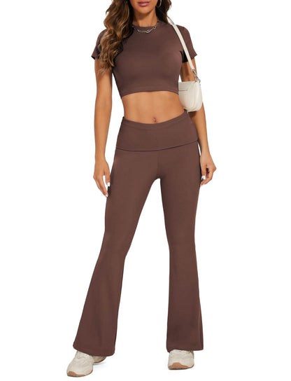 SEASUM Women 2 Piece Y2K Casual Workout Outfits Short Sleeve Crop Tops Fold over Yoga Pants Tracksuit Streetwear Lounge Sets Coconut Brown XS - zenfulharmony.com