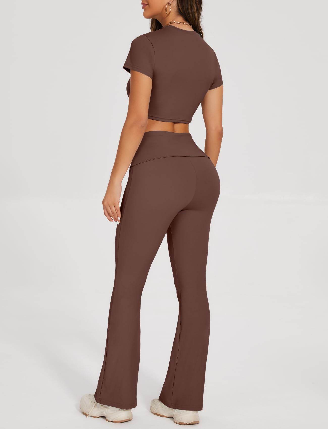 SEASUM Women 2 Piece Y2K Casual Workout Outfits Short Sleeve Crop Tops Fold over Yoga Pants Tracksuit Streetwear Lounge Sets Coconut Brown XS - zenfulharmony.com