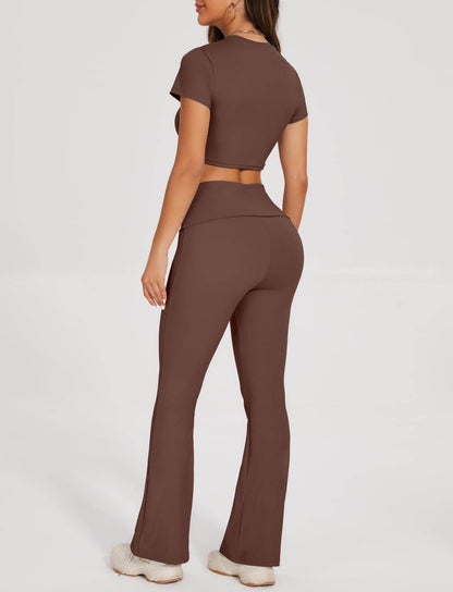 SEASUM Women 2 Piece Y2K Casual Workout Outfits Short Sleeve Crop Tops Fold over Yoga Pants Tracksuit Streetwear Lounge Sets Coconut Brown XS - zenfulharmony.com