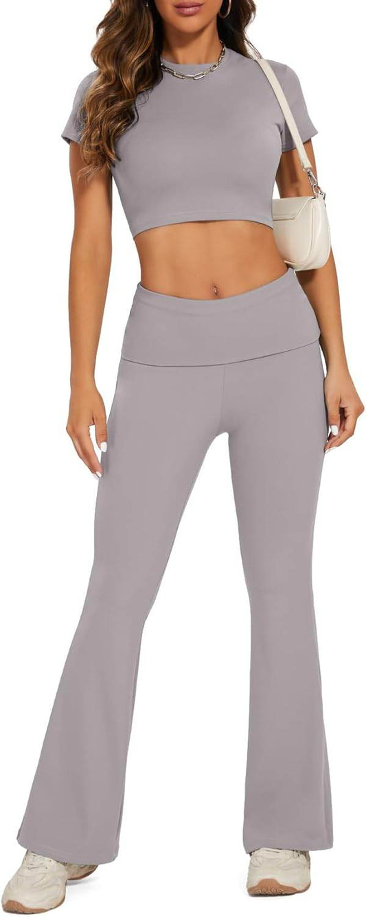 Lounge Sets For Women 2 Piece Casual Y2K Outfits Short Sleeve Cropped Tops Fold Over Flare Leggings Yoga Pants Tracksuits - zenfulharmony.com