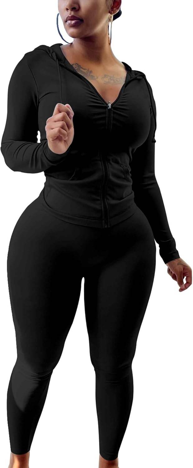 PINSV Women Two Piece Outfits Workout Sets Bodycon Tracksuit Long Sleeve Zip Up Hoodie Jacket Jogger Matching Sweat Pants Set - zenfulharmony.com