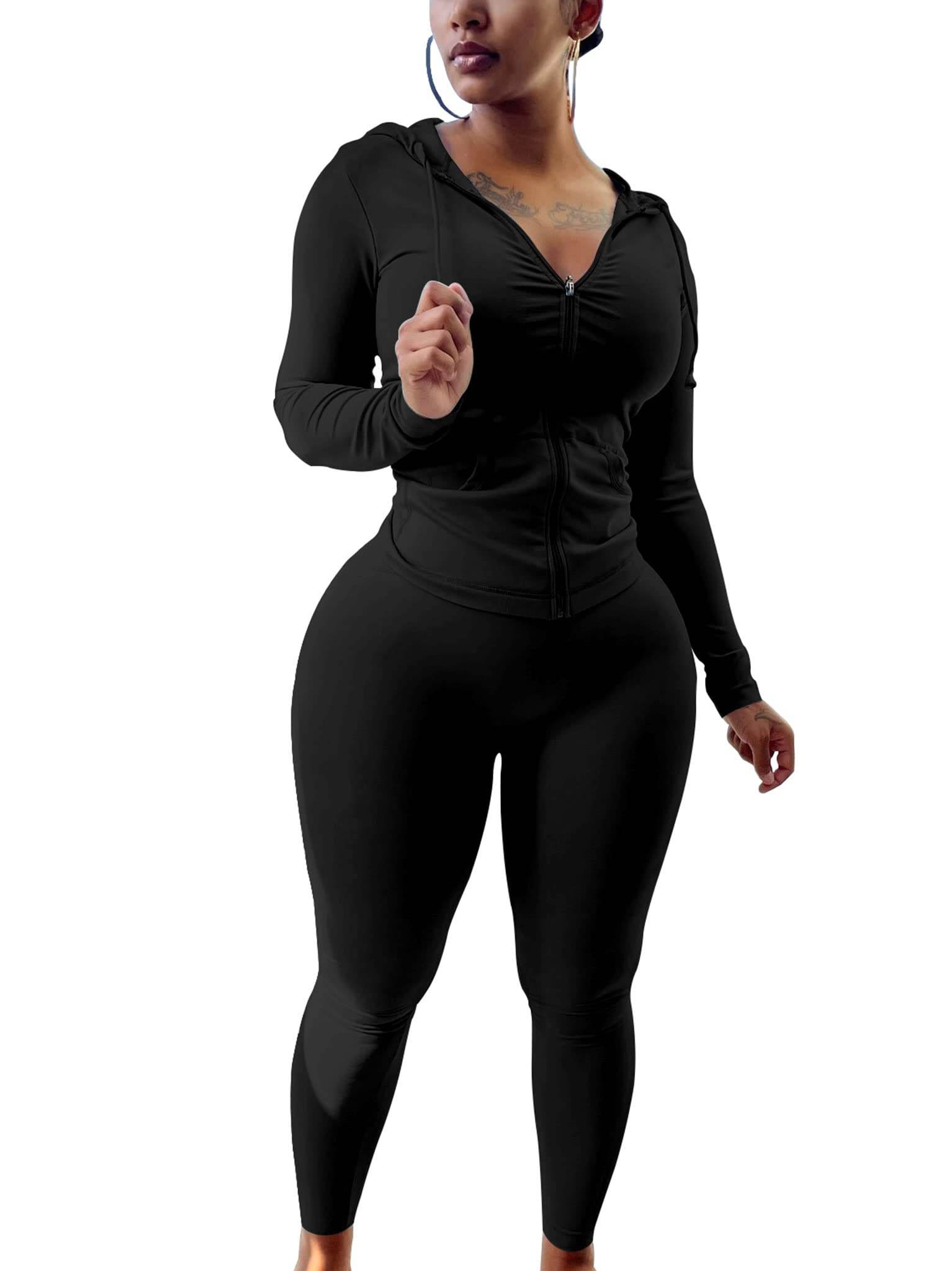 PINSV Women Two Piece Outfits Workout Sets Bodycon Tracksuit Long Sleeve Zip Up Hoodie Jacket Jogger Matching Sweat Pants Set Black M - zenfulharmony.com