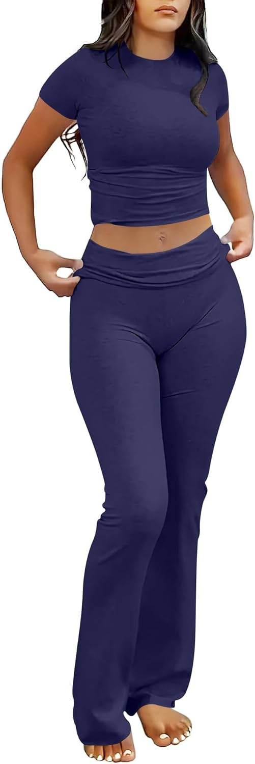ANRABESS Lounge Sets for Women 2 piece Foldover Yoga Flare Leggings Pants Crop Tops Casual Y2K Outfits Matching Tracksuit Set - zenfulharmony.com