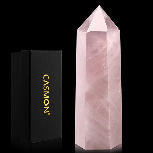 CASMON Large Healing Crystal Wands 3.9"-4.3"(10-11cm), Natural Rose Quartz Obelisk Crystal Tower Stone, 6 Faceted Single Healing Crystal Point for Reiki Chakra Meditation Therapy (1PC) - zenfulharmony.com