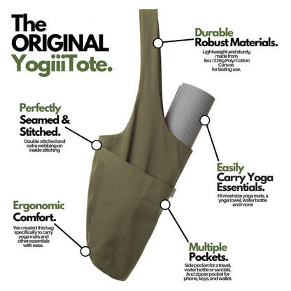 Yogiii Yoga Mat Bag | The ORIGINAL YogiiiTote Yoga Bag | Sling Yoga Tote w/Large Side Pocket & Zipper Pocket | Yoga Mat Carrier Fits Most Size Mats (Olivine Green) - zenfulharmony.com
