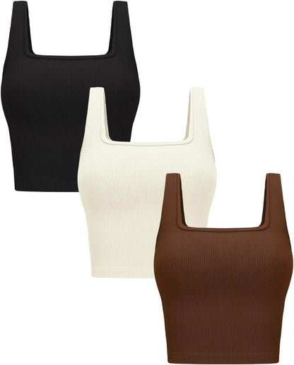 OLCHEE Womens 3 Pack Crop Tank Tops Basic Seamless Ribbed Sleeveless Square Neck Workout Top Summer Exercise Yoga Gym Shirts - zenfulharmony.com