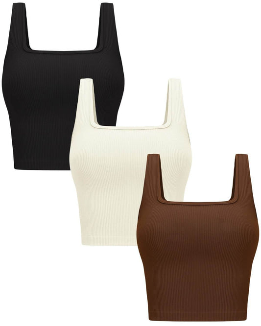 OLCHEE Womens 3 Pack Crop Tank Tops Basic Seamless Ribbed Sleeveless Square Neck Workout Top Summer Exercise Yoga Gym Shirts - Black Brown Beige Small - zenfulharmony.com