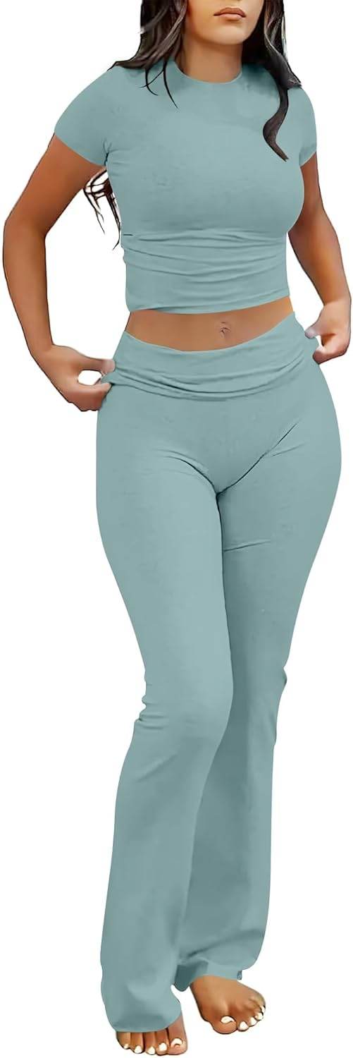 ANRABESS Lounge Sets for Women 2 piece Foldover Yoga Flare Leggings Pants Crop Tops Casual Y2K Outfits Matching Tracksuit Set - zenfulharmony.com