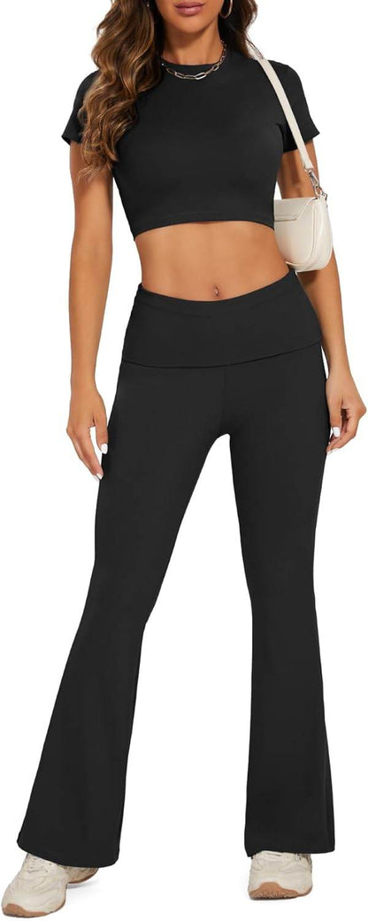 Lounge Sets For Women 2 Piece Casual Y2K Outfits Short Sleeve Cropped Tops Fold Over Flare Leggings Yoga Pants Tracksuits - zenfulharmony.com