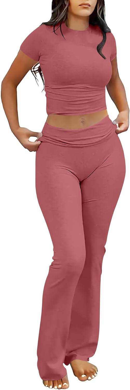 ANRABESS Lounge Sets for Women 2 piece Foldover Yoga Flare Leggings Pants Crop Tops Casual Y2K Outfits Matching Tracksuit Set - zenfulharmony.com