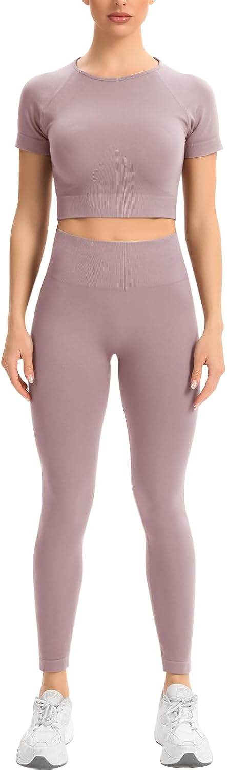 2 Piece Short Sleeve Outfits for Women Seamless Crop Tops Set for Women Workout Set - zenfulharmony.com
