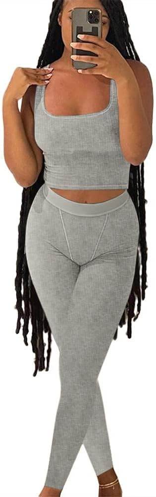 AYWA Casual Workout Sets Two Piece Outfits for Women Ribbed Crop Tank Top High Waist Leggings Active Wear - zenfulharmony.com