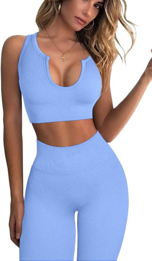 QINSEN Workout Outfits for Women 2 Piece Ribbed Seamless Crop Tank High Waist Yoga Leggings Sets - zenfulharmony.com