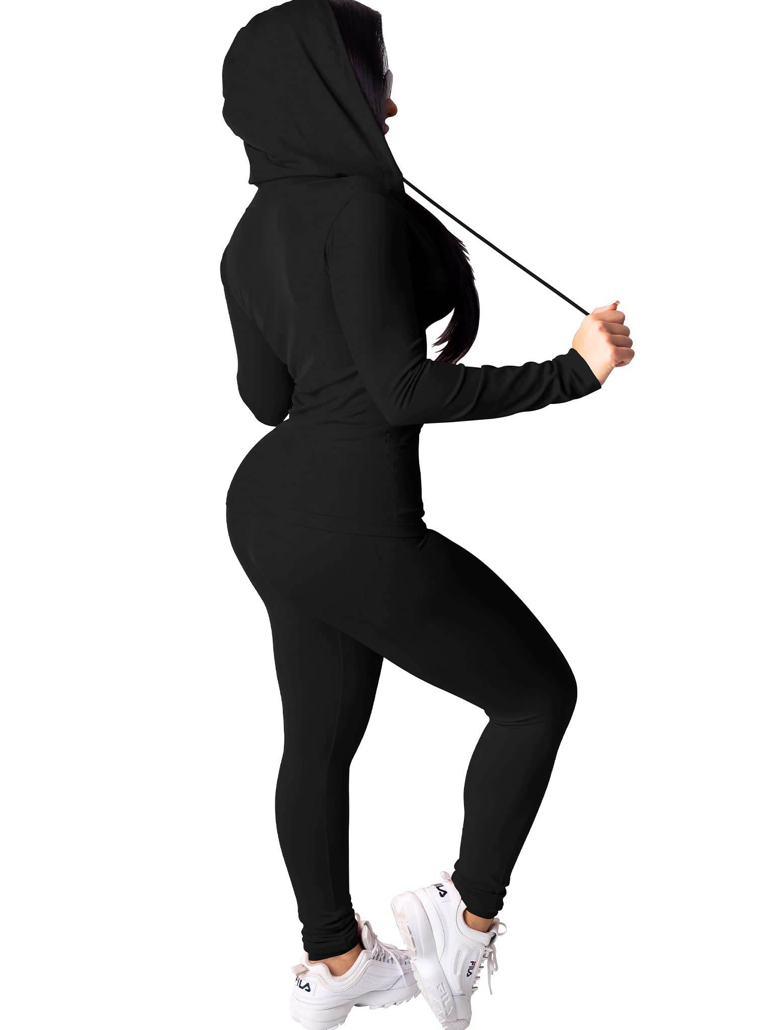PINSV Women Two Piece Outfits Workout Sets Bodycon Tracksuit Long Sleeve Zip Up Hoodie Jacket Jogger Matching Sweat Pants Set Black M - zenfulharmony.com