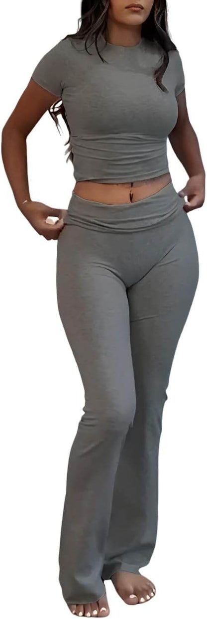 ZFLM Casual Workout Two Piece Outfits for Women Short Sleeve Crop High Waist Foldover Flare Pants Tracksuit Sets Streetwear - zenfulharmony.com