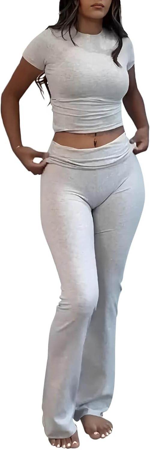 ZFLM Casual Workout Two Piece Outfits for Women Short Sleeve Crop High Waist Foldover Flare Pants Tracksuit Sets Streetwear - zenfulharmony.com