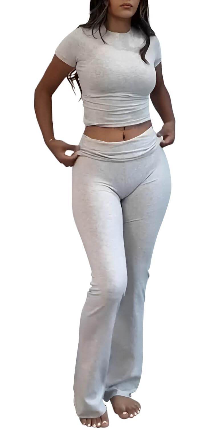 ZFLM Casual Workout Two Piece Outfits for Women Short Sleeve Crop High Waist Foldover Flare Pants Tracksuit Sets Streetwear - zenfulharmony.com