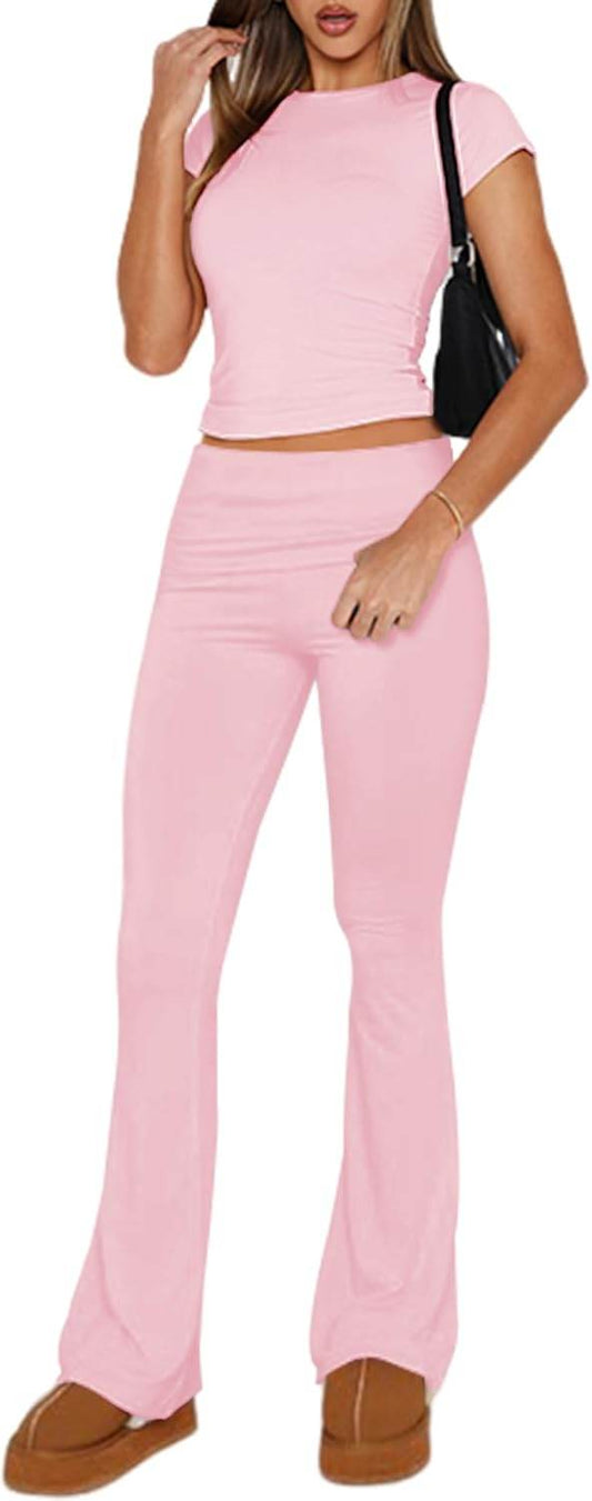 Ivicoer Stylish Women's 2 Piece Outfits Soft Short Sleeve Crop Tops and Fold over Yoga Pants Y2k Sets Two Piece Lounge Sets - zenfulharmony.com