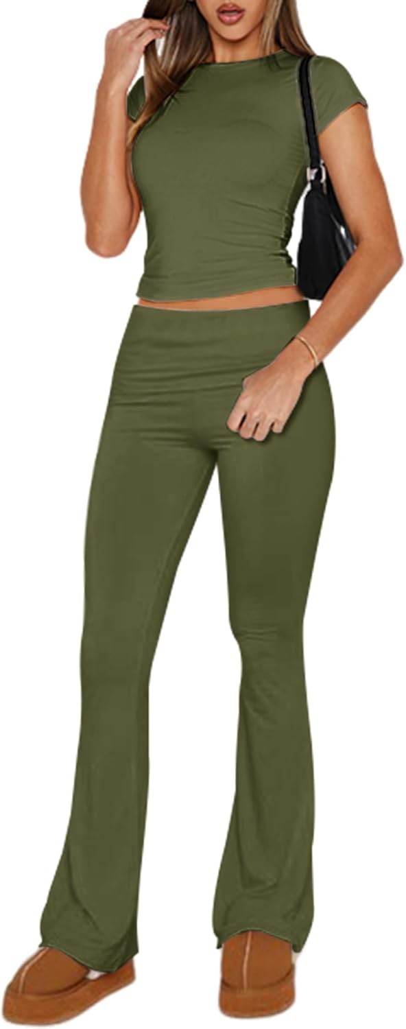 Ivicoer Stylish Women's 2 Piece Outfits Soft Short Sleeve Crop Tops and Fold over Yoga Pants Y2k Sets Two Piece Lounge Sets - zenfulharmony.com