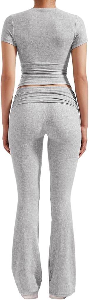 ZFLM Casual Workout Two Piece Outfits for Women Short Sleeve Crop High Waist Foldover Flare Pants Tracksuit Sets Streetwear - zenfulharmony.com