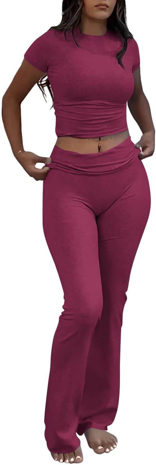 ZFLM Casual Workout Two Piece Outfits for Women Short Sleeve Crop High Waist Foldover Flare Pants Tracksuit Sets Streetwear - zenfulharmony.com
