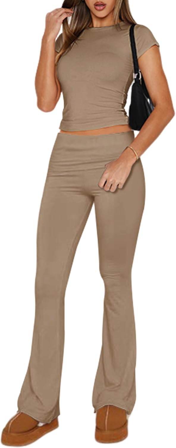 Ivicoer Stylish Women's 2 Piece Outfits Soft Short Sleeve Crop Tops and Fold over Yoga Pants Y2k Sets Two Piece Lounge Sets - zenfulharmony.com