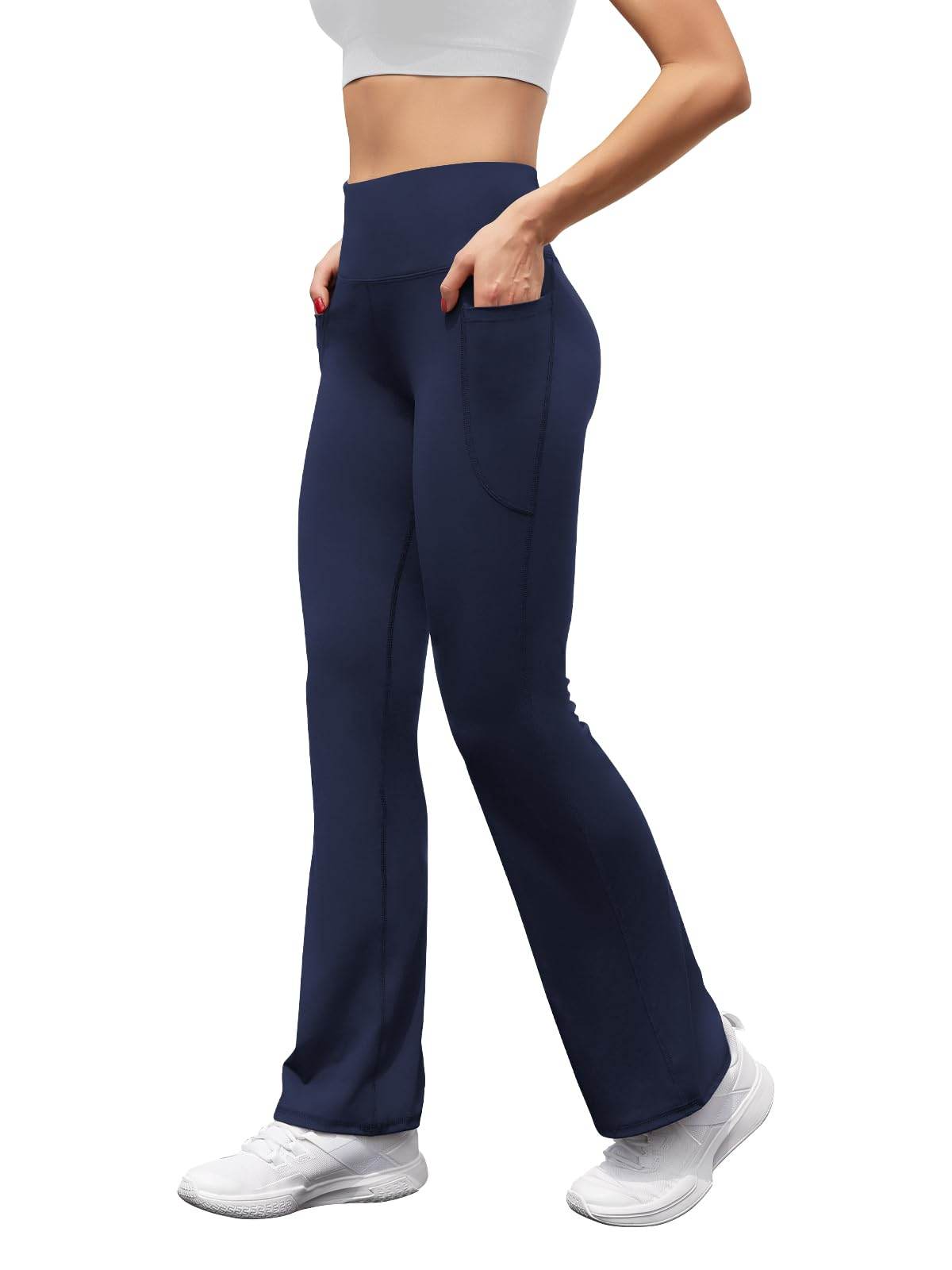 SEAJOJO Women's High Waist Flare Yoga Pants Tummy Control Casual Bootcut Leggings with Side Pockets Navy Blue - zenfulharmony.com