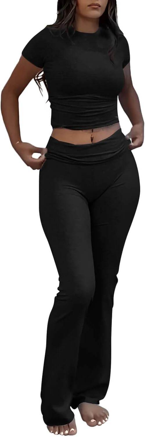ZFLM Casual Workout Two Piece Outfits for Women Short Sleeve Crop High Waist Foldover Flare Pants Tracksuit Sets Streetwear - zenfulharmony.com