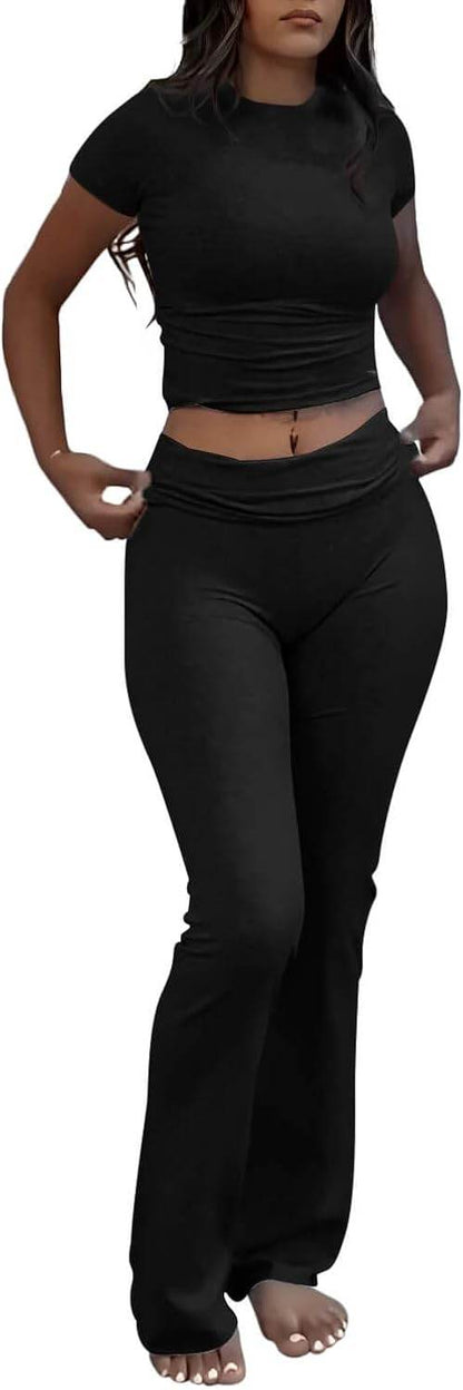 ZFLM Casual Workout Two Piece Outfits for Women Short Sleeve Crop High Waist Foldover Flare Pants Tracksuit Sets Streetwear - zenfulharmony.com