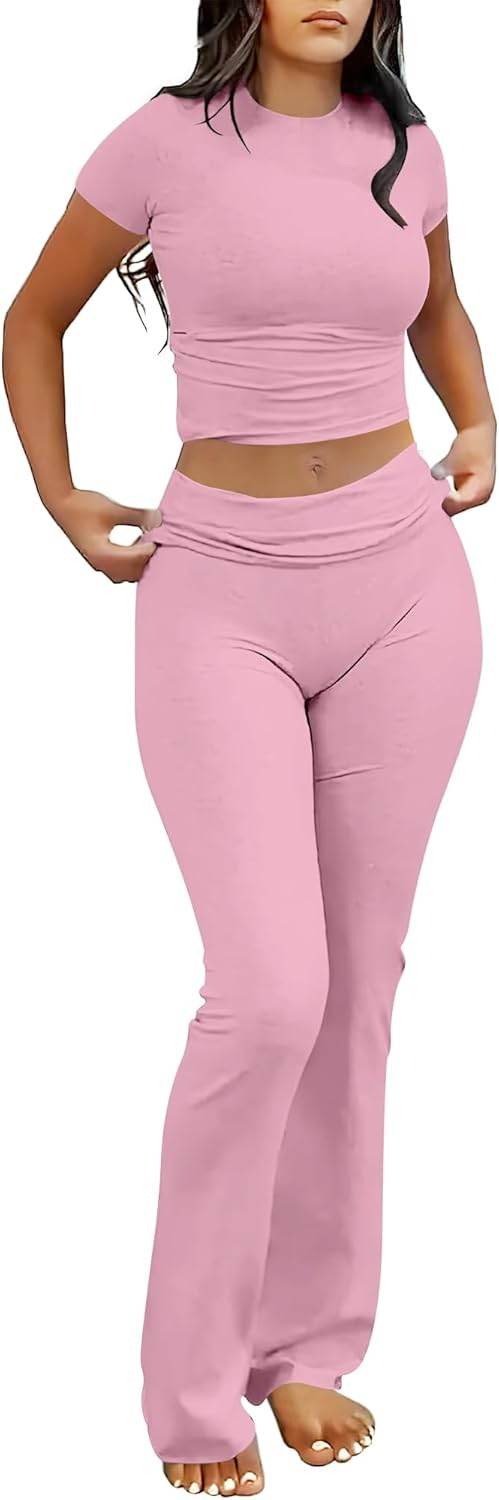 ANRABESS Lounge Sets for Women 2 piece Foldover Yoga Flare Leggings Pants Crop Tops Casual Y2K Outfits Matching Tracksuit Set - zenfulharmony.com