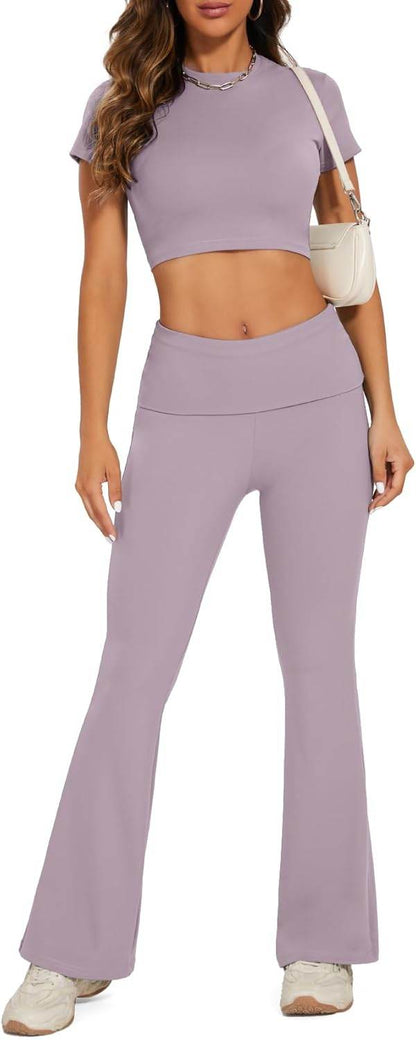 Lounge Sets For Women 2 Piece Casual Y2K Outfits Short Sleeve Cropped Tops Fold Over Flare Leggings Yoga Pants Tracksuits - zenfulharmony.com