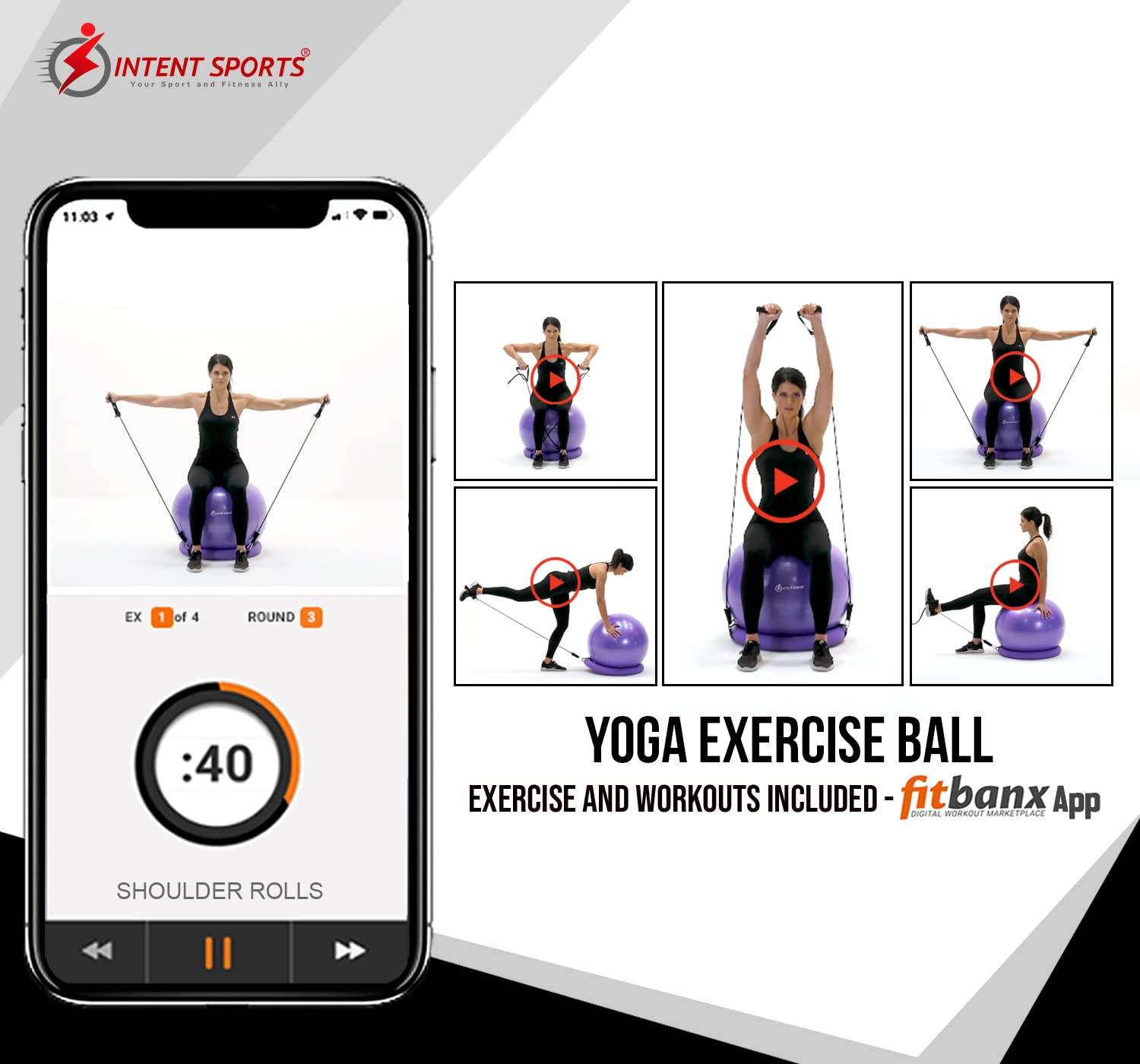 INTENT SPORTS Yoga Ball Chair – Stability Ball with Inflatable Stability Base & Resistance Bands, Fitness Ball for Home Gym, Office, Improves Back Pain, Core, Posture & Balance (65 cm)(Black) - zenfulharmony.com