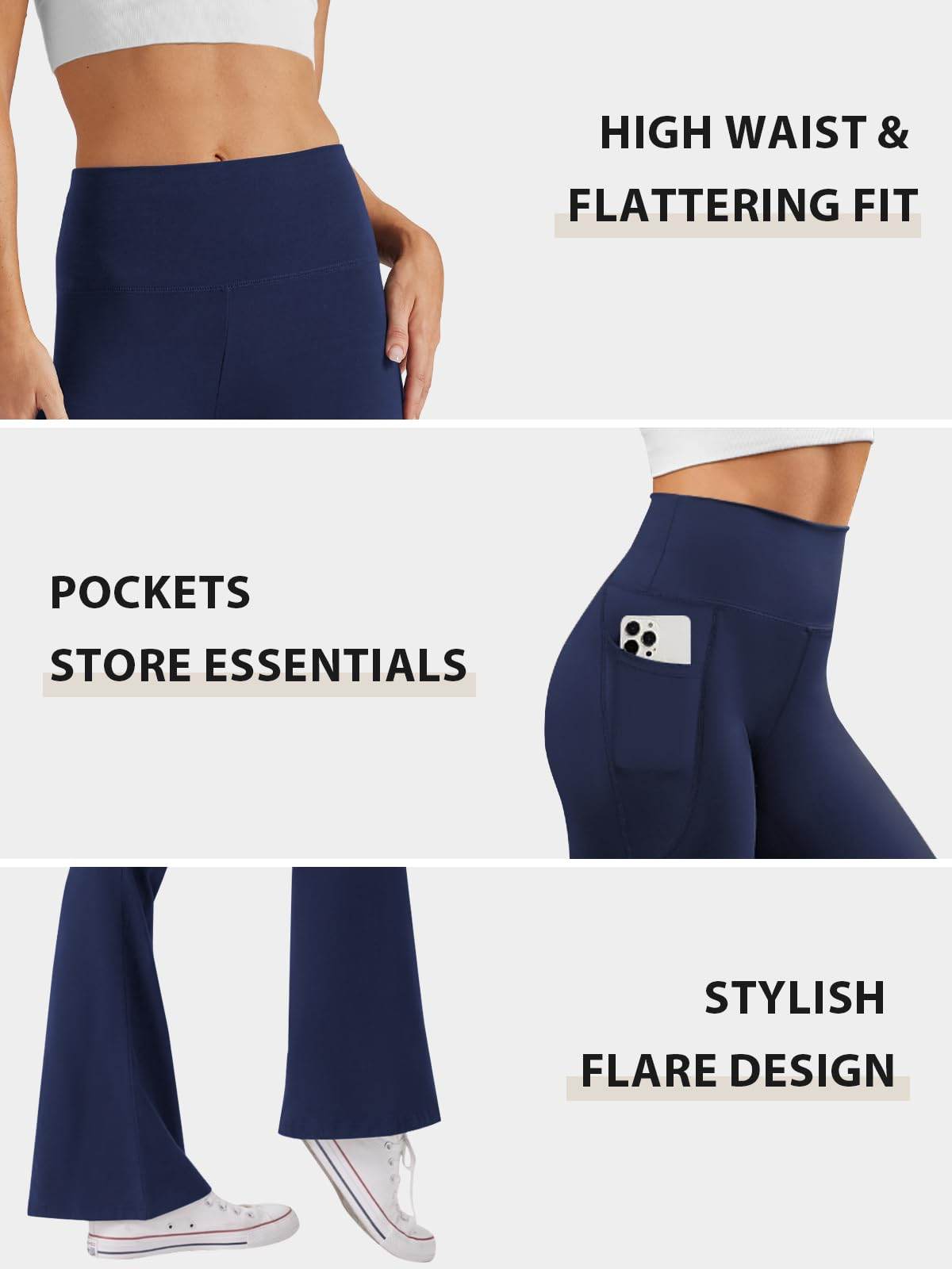 SEAJOJO Women's High Waist Flare Yoga Pants Tummy Control Casual Bootcut Leggings with Side Pockets Navy Blue - zenfulharmony.com