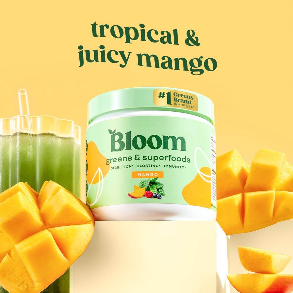 Bloom Nutrition Superfood Greens Powder, Digestive Enzymes with Probiotics and Prebiotics, Gut Health, Bloating Relief for Women, Chlorella, Green Juice Mix with Beet Root Powder, 30 SVG, Mango - zenfulharmony.com