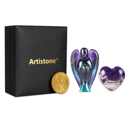 Artistone Rainbow Fluorite Crystal Guardian Angel Statue Amethyst Heart Stone Healing Chakra Set Hand Carved Gemstone Pocket Worry Stones Figurines Healing Reiki Meditation - zenfulharmony.com