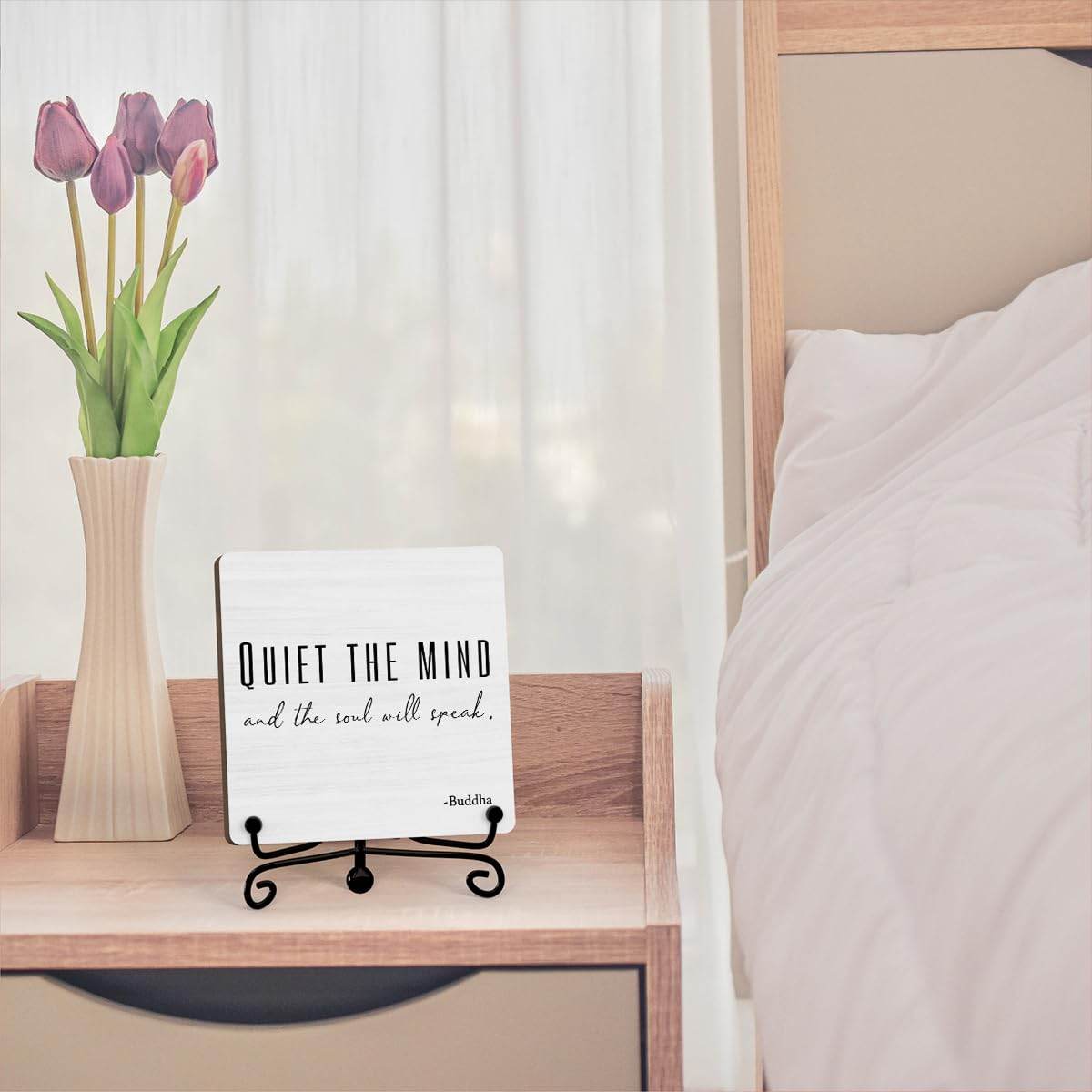 Home Decor, Quiet The Mind And The Soul Will Speak Sign, Desk Decorations For Office Home Living Room, Yoga Room Meditation Room Decor, Shelf Decor, Inspirational Gifts, Wooden Plaque With Stand (B06) - zenfulharmony.com