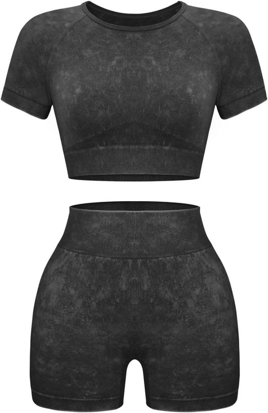 OLCHEE Womens Workout Sets 2 Piece - Seamless Acid Wash Yoga Outfits Shorts and Crop Top Matching Gym Athletic Clothing Set - zenfulharmony.com