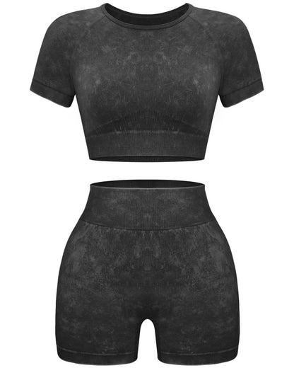OLCHEE Womens Workout Sets 2 Piece - Seamless Acid Wash Yoga Outfits Leggings Shorts and Crop Top Matching Gym Activewear Athletic Clothing Set - Black Medium - zenfulharmony.com
