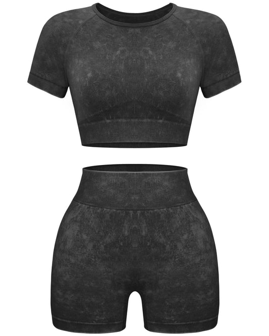 OLCHEE Womens Workout Sets 2 Piece - Seamless Acid Wash Yoga Outfits Leggings Shorts and Crop Top Matching Gym Activewear Athletic Clothing Set - Black Medium - zenfulharmony.com