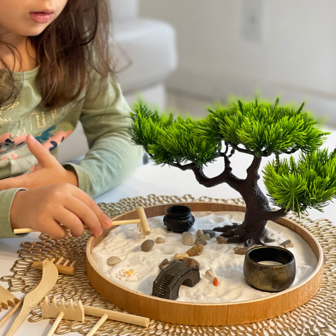 Japanese Zen Garden for Desk - Zen Garden Sand Kit, Artificial Bonsai Tree, Rakes & Accessories - Japanese Decor Office Home Desktop Relaxation Sandbox Decor. 9.5" Inches Wooden Round Tray - zenfulharmony.com