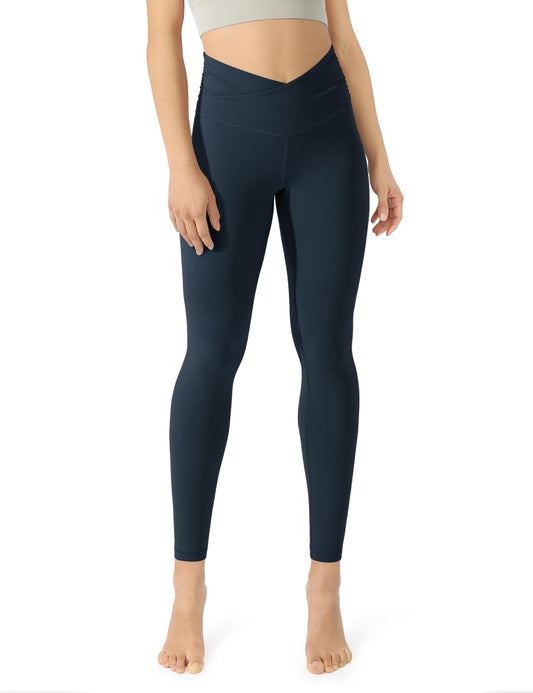 ODODOS Women's Cross Waist 7/8 Yoga Leggings with Inner Pocket, Inseam 25" Gathered Crossover Workout Yoga Pants, Deep Navy, Large - zenfulharmony.com