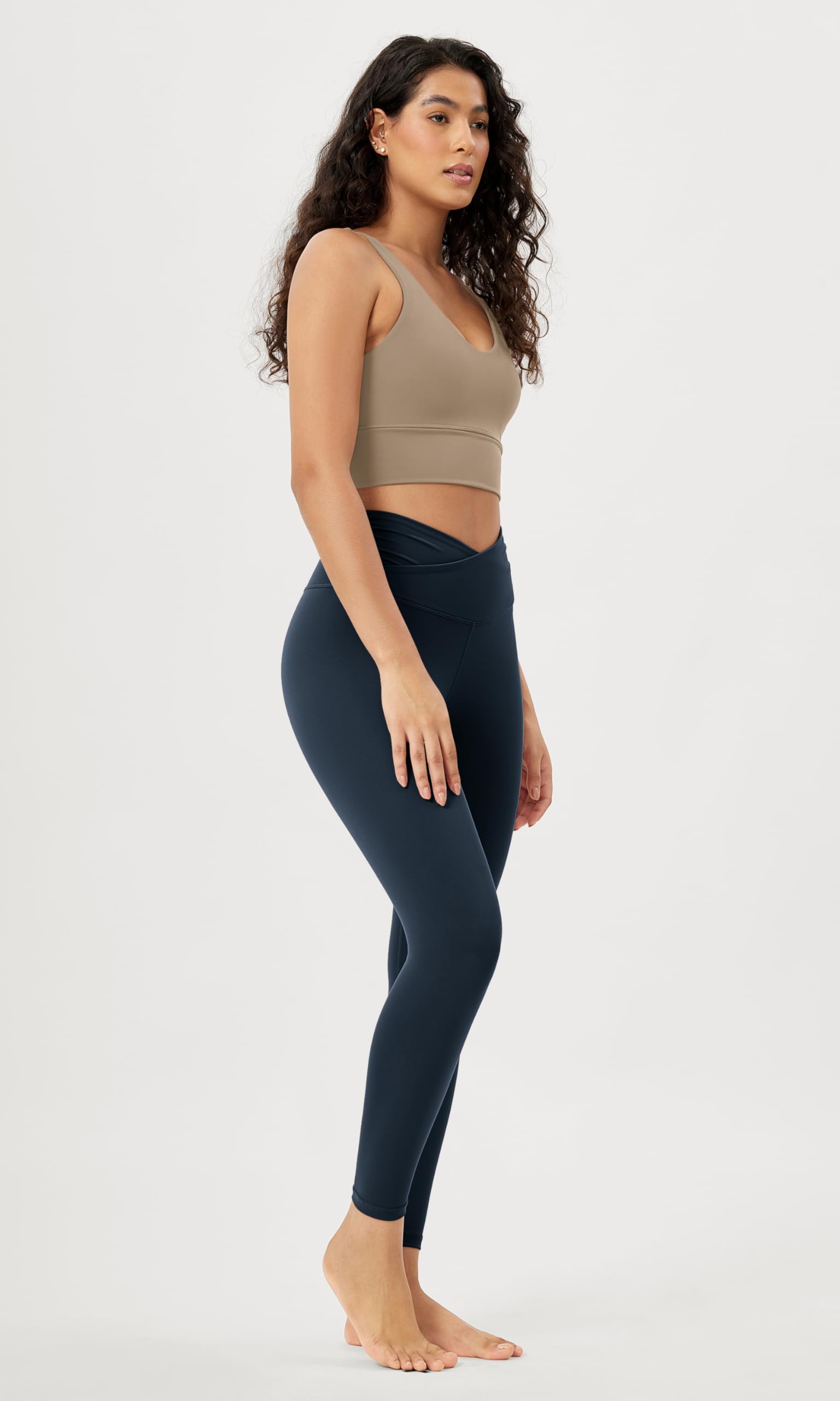 ODODOS Women's Cross Waist 7/8 Yoga Leggings with Inner Pocket, Inseam 25" Gathered Crossover Workout Yoga Pants, Deep Navy, Large - zenfulharmony.com