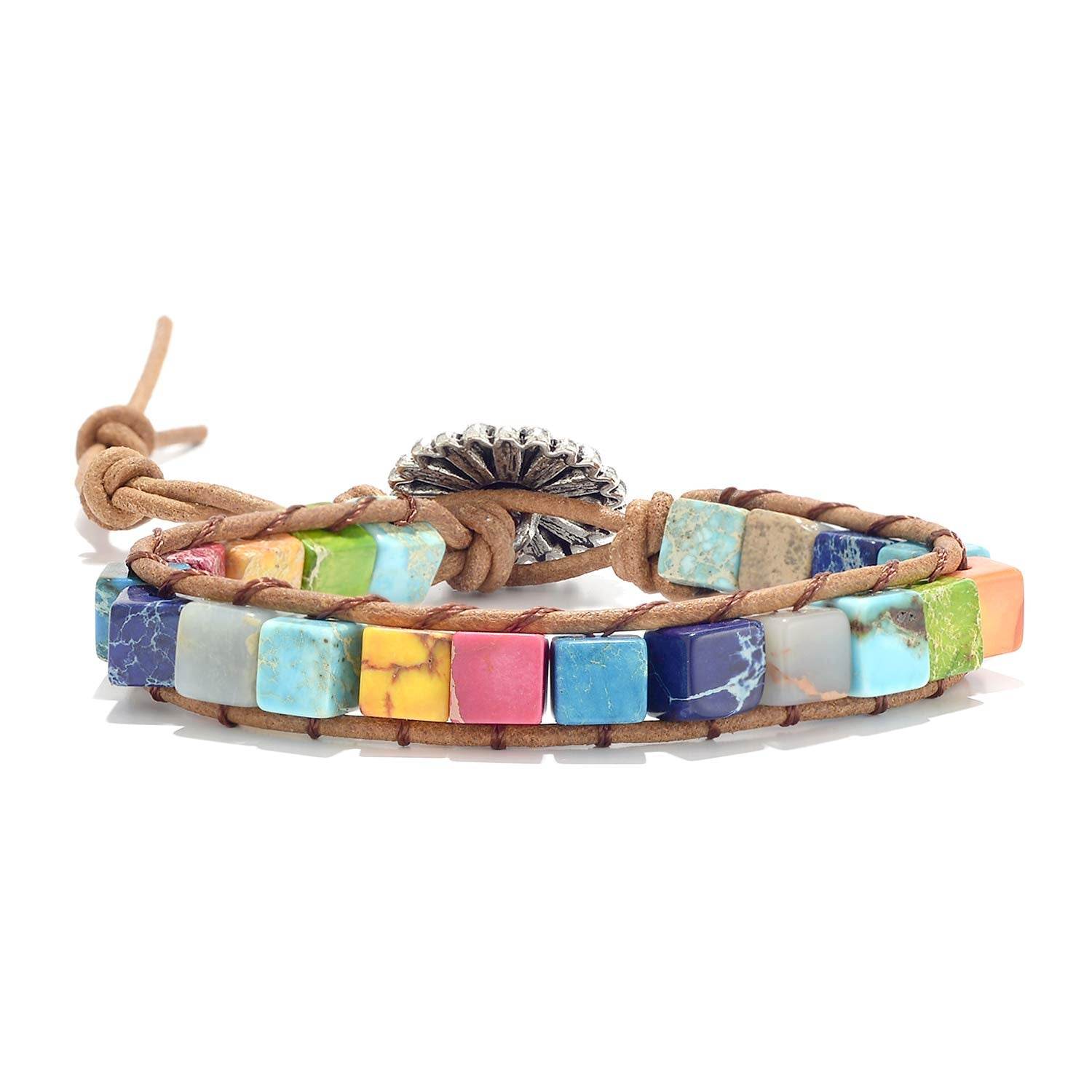 sedmart 7 Chakra Bracelets for Women with Real Stones Leather Wrap Healing Bead Bracelet Women Men Boho Friendship Jewelry… (Flower Button & Square Stone) - zenfulharmony.com