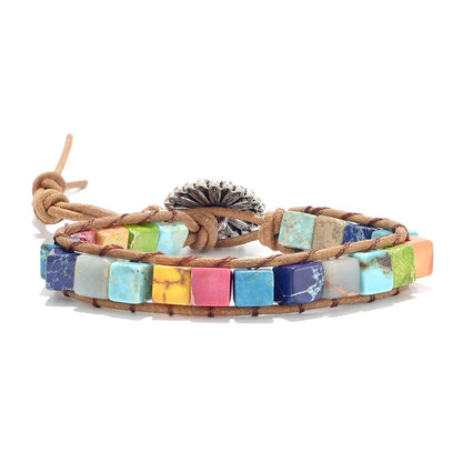 sedmart 7 Chakra Bracelets for Women with Real Stones Leather Wrap Healing Bead Bracelet Women Men Boho Friendship Jewelry… (Flower Button & Square Stone) - zenfulharmony.com