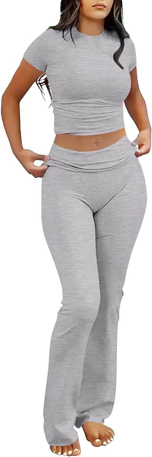 ANRABESS Lounge Sets for Women 2 piece Foldover Yoga Flare Leggings Pants Crop Tops Casual Y2K Outfits Matching Tracksuit Set - zenfulharmony.com