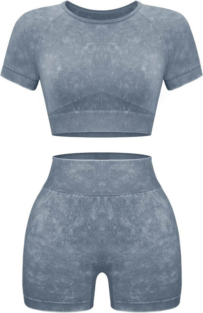 OLCHEE Womens Workout Sets 2 Piece - Seamless Acid Wash Yoga Outfits Shorts and Crop Top Matching Gym Athletic Clothing Set - zenfulharmony.com