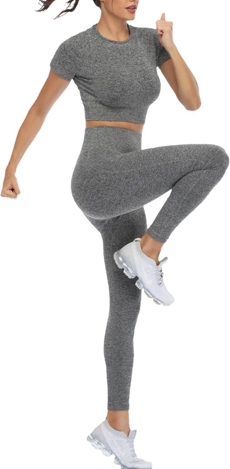 2 Piece Short Sleeve Outfits for Women Seamless Crop Tops Set for Women Workout Set - zenfulharmony.com