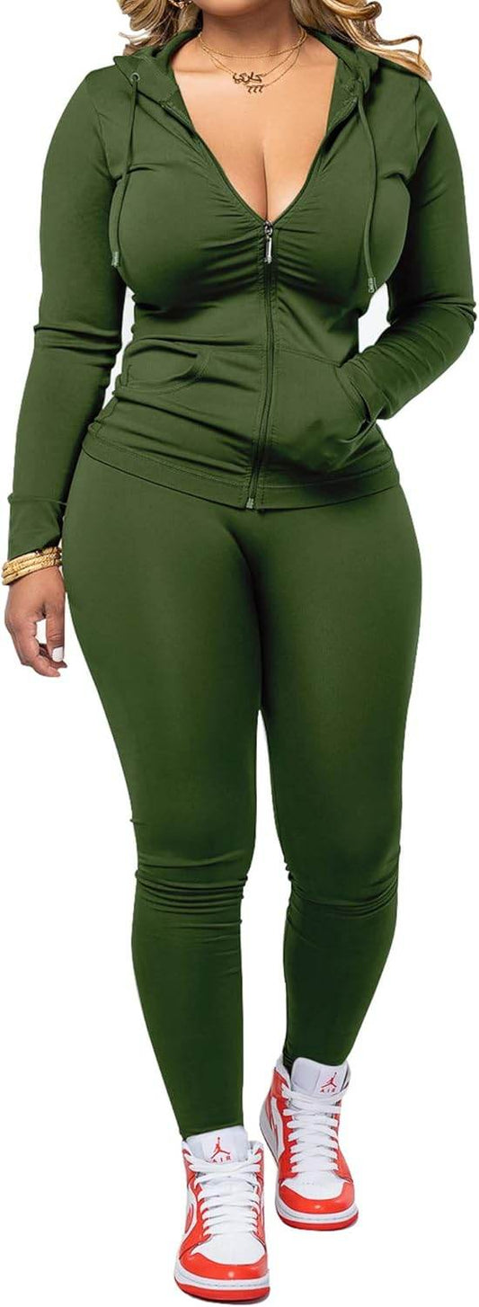 PINSV Women Two Piece Outfits Workout Sets Bodycon Tracksuit Long Sleeve Zip Up Hoodie Jacket Jogger Matching Sweat Pants Set - zenfulharmony.com