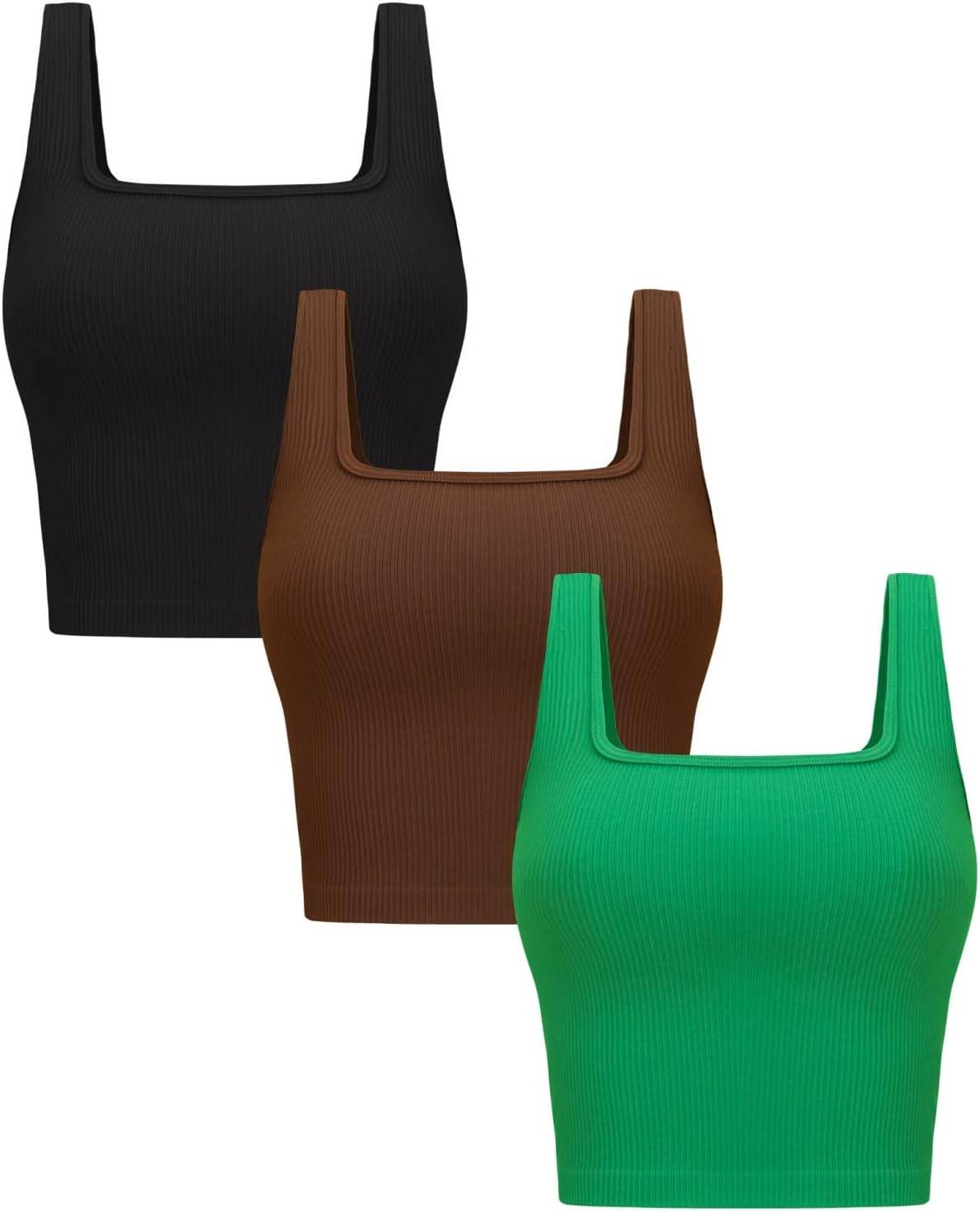 OLCHEE Womens 3 Pack Crop Tank Tops Basic Seamless Ribbed Sleeveless Square Neck Workout Top Summer Exercise Yoga Gym Shirts - zenfulharmony.com