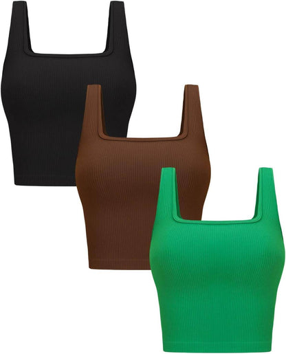 OLCHEE Womens 3 Pack Crop Tank Tops Basic Seamless Ribbed Sleeveless Square Neck Workout Top Summer Exercise Yoga Gym Shirts - zenfulharmony.com